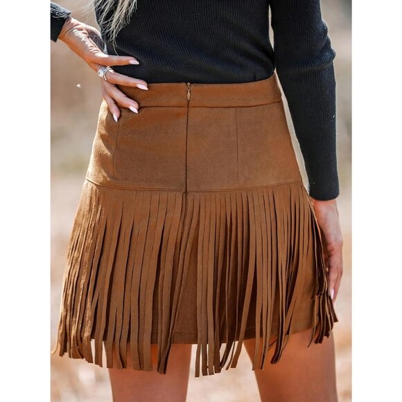 Women Fringe Skirt Western Cowgirl Terra High Waist Mini Skirt Orange Brown - Picture 4 of 7